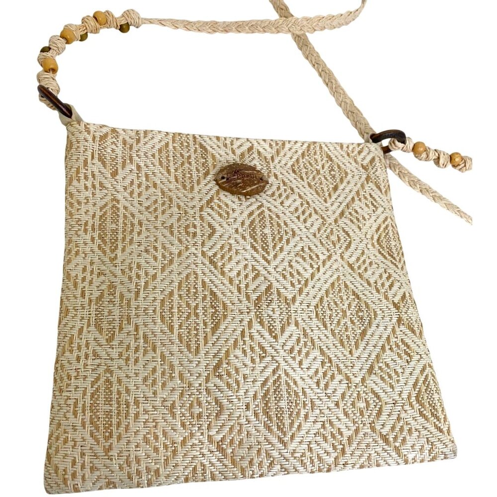Cappelli NWOT Straworld Beige Cream Woven Crossbody Bag Boho Geometric Beaded